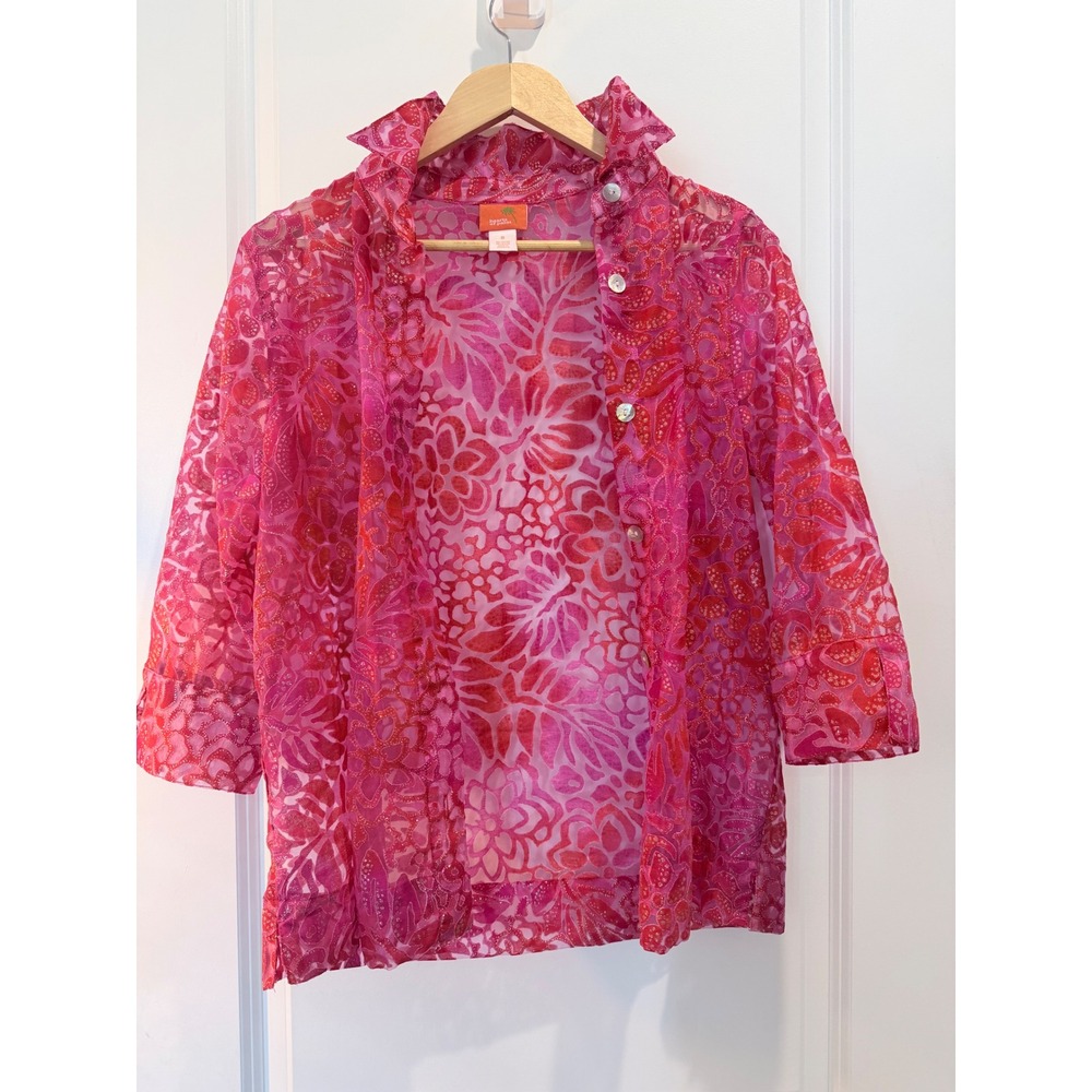 Hearts of Palm Pink Red Floral Burnout Glitter Button Down Shirt Womens 8